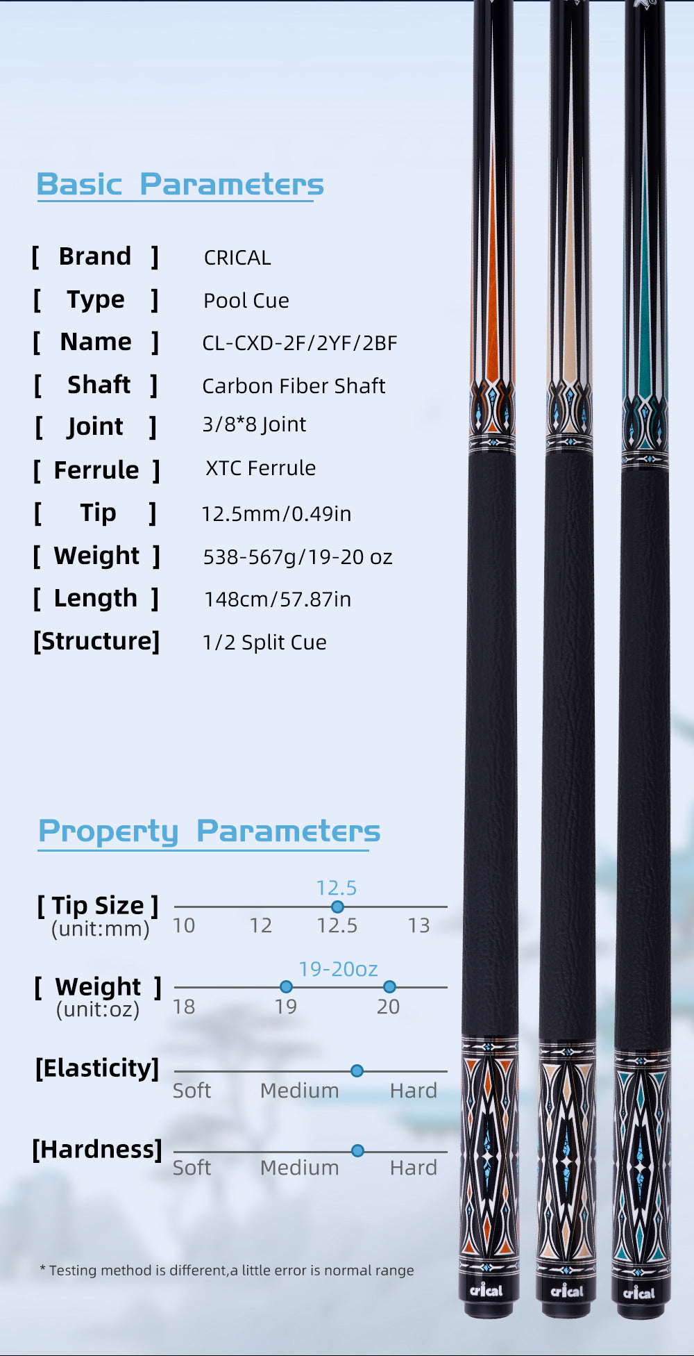 【Crical】CXD-2YF Carbon Fiber Pool Cue Stick with 12.5mm Tip leather grip Low Deflection shaft for Billiard Cue Sticks
