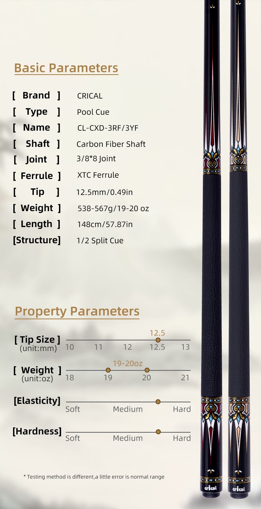 【CRICAL】CXD-3YF 碳纤维台球杆,带 12.5 毫米尖头皮革握把,低偏转杆身,适用于台球杆