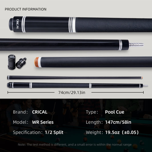 【CRICAL】 WR Series Low Deflection Carbon Fiber Pool Cue Stick – 58" 1/2 Split Billiard Cue with 12.5mm 6-Layer Tip, Ebony/Pterocarpus Soyauxii Material, Pro Taper Carbon Fiber Shaft, 3/8x8 Stainless Steel Joint,Genuine Leather Grip for Professional Play