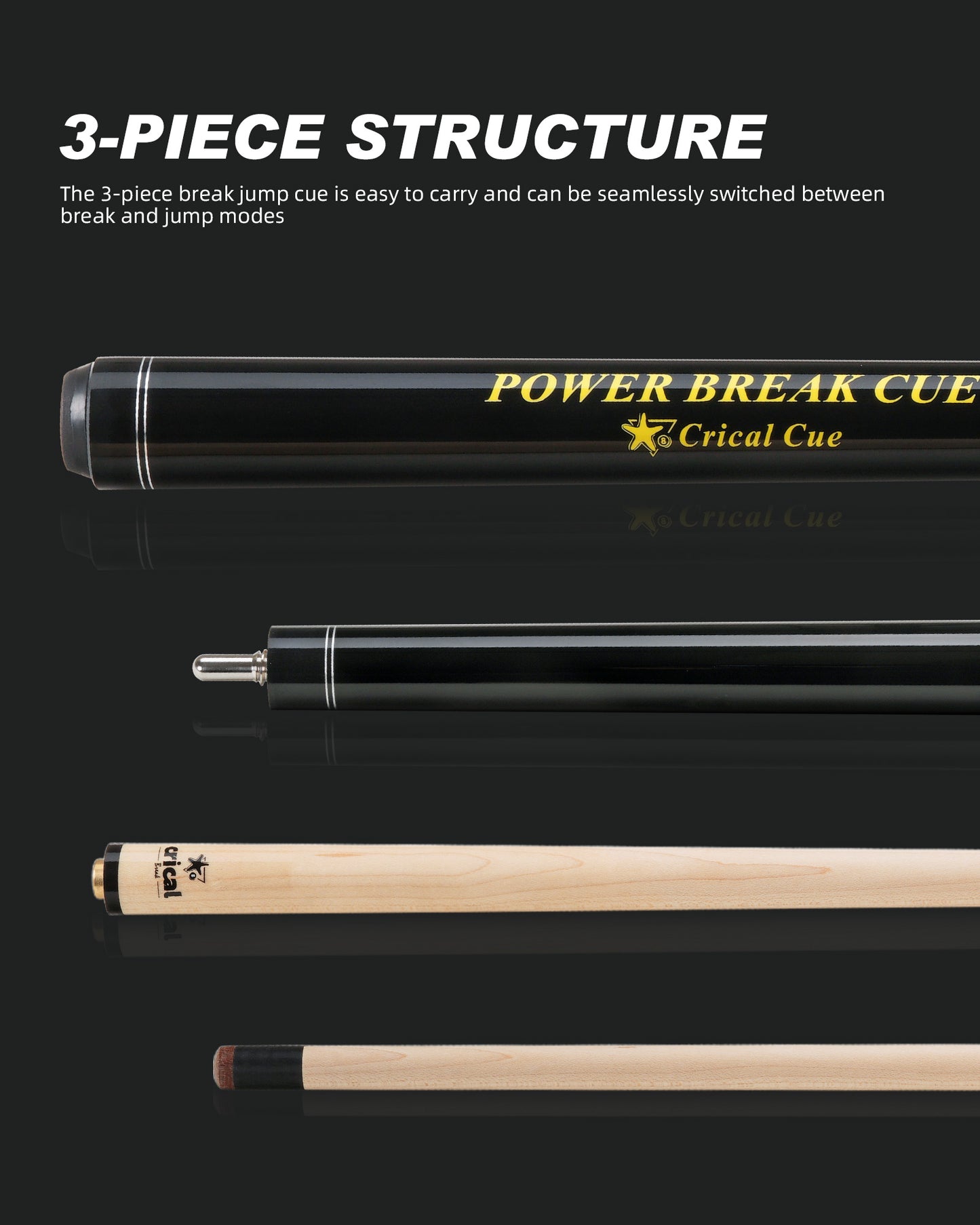 【Crical】Break Jump Cue with 3 Piece Heavy Hitter Jump Break Cue 13.2mm Tip Professional Punch Jump Cue