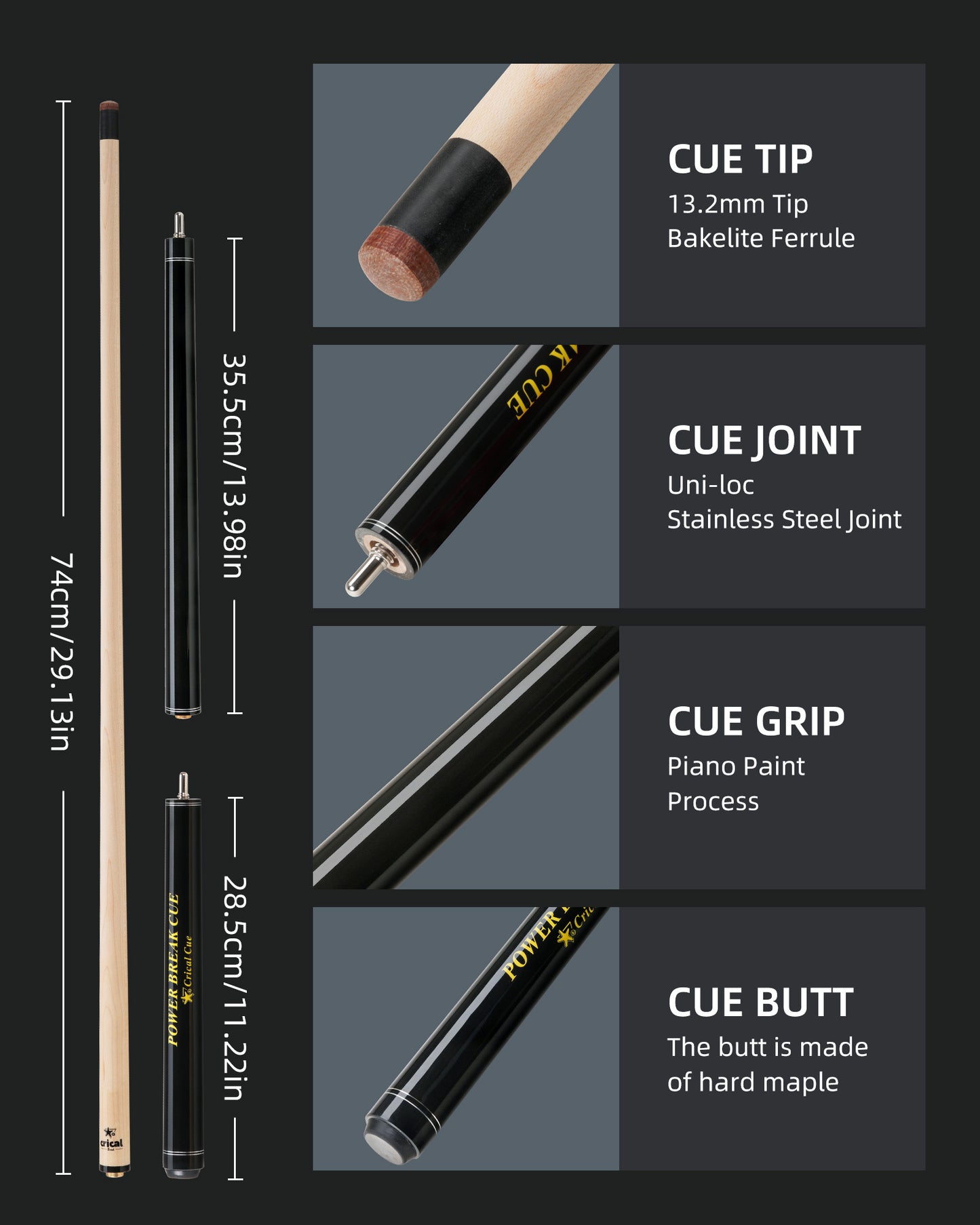 【Crical】Break Jump Cue with 3 Piece Heavy Hitter Jump Break Cue 13.2mm Tip Professional Punch Jump Cue