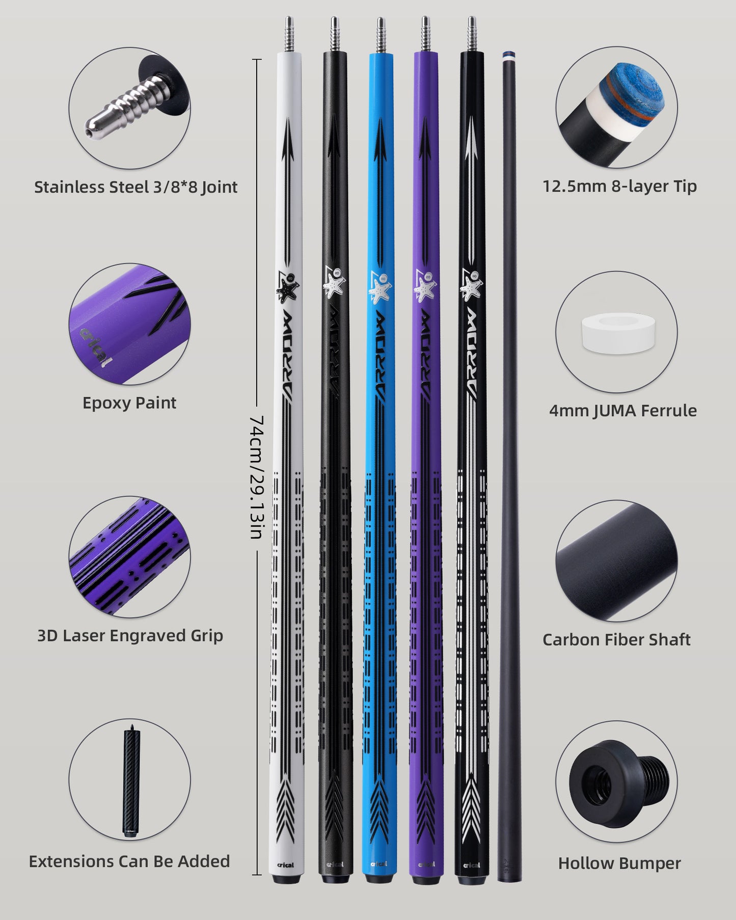 【CRICAL】CL-PD-03 Carbon Fiber Pool Cue Stick - 58" Low Deflection Professional Pool Cue with Pro Taper Shaft, 3D Wrapless Grip, 12.5mm Tip & 3/8x8 Joint Billiard Stick