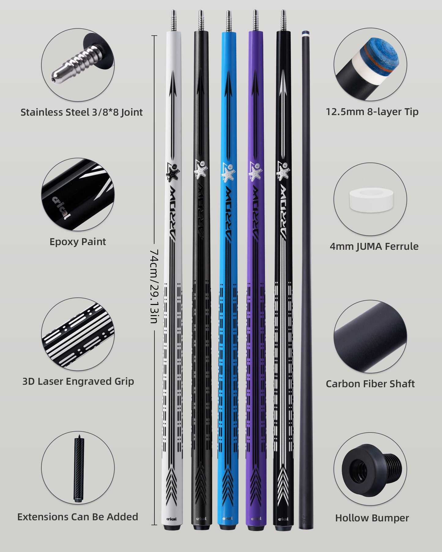 【CRICAL】CL-PD-05 Carbon Fiber Pool Cue Stick - 58" Low Deflection Professional Pool Cue with Pro Taper Shaft, 3D Wrapless Grip, 12.5mm Tip & 3/8x8 Joint Billiard Stick