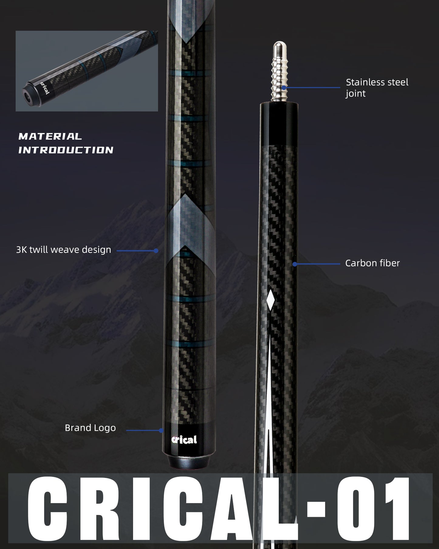 【Crical】CL-01 Carbon Fiber Pool Cue Stick with 12.5mm Tip Low Deflection shaft for Billiard Cue Sticks
