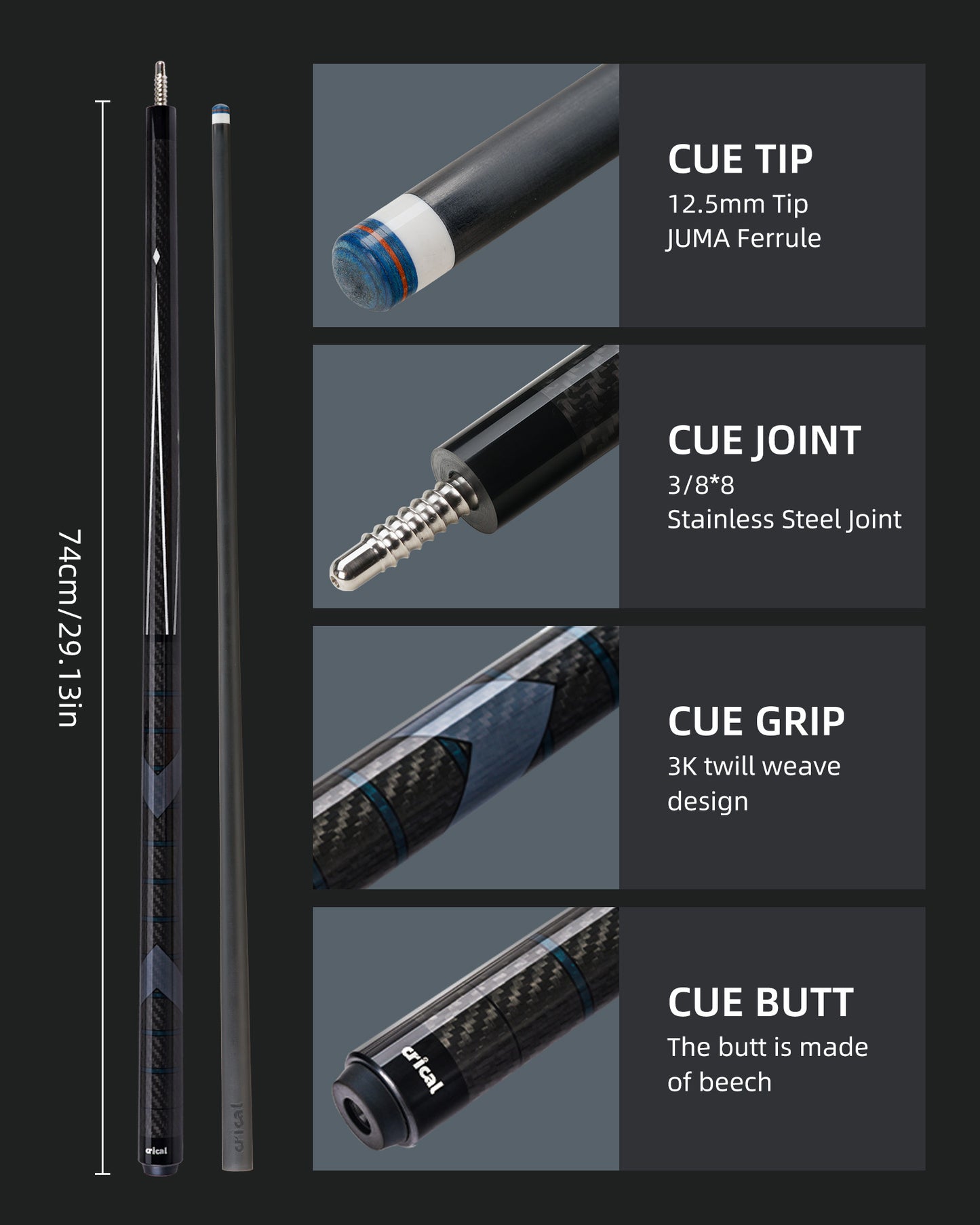 【Crical】CL-01 Carbon Fiber Pool Cue Stick with 12.5mm Tip Low Deflection shaft for Billiard Cue Sticks