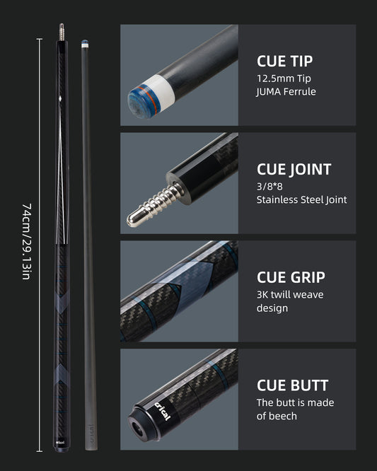 【Crical】CL-01 Carbon Fiber Pool Cue Stick with 12.5mm Tip Low Deflection shaft for Billiard Cue Sticks