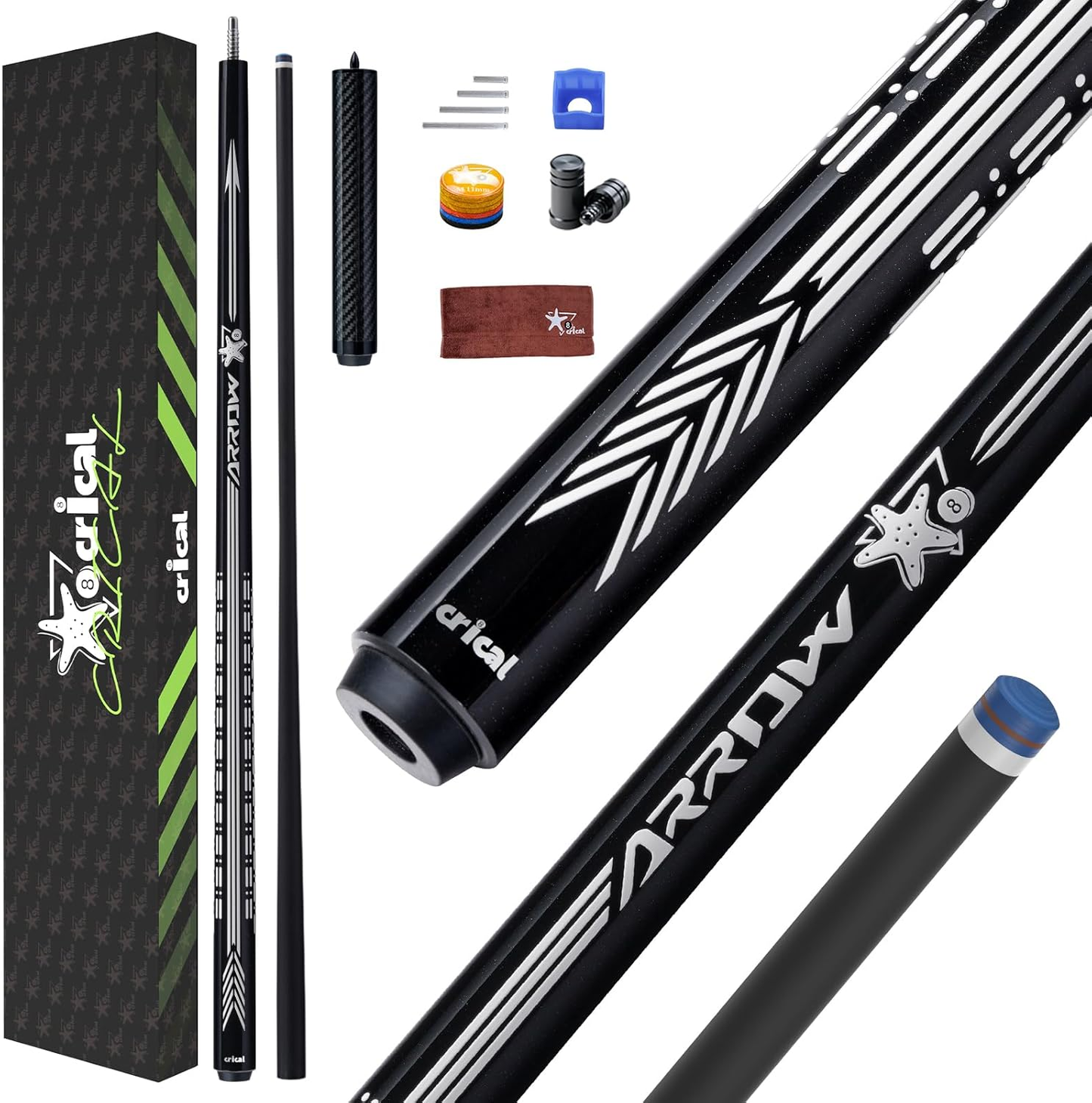 【CRICAL】CL-PD-SET Carbon Fiber Pool Cue Stick - 58" Low Deflection Professional Pool Cue with Pro Taper Shaft, 3D Wrapless Grip, 12.5mm Tip & 3/8x8 Joint Billiard Stick