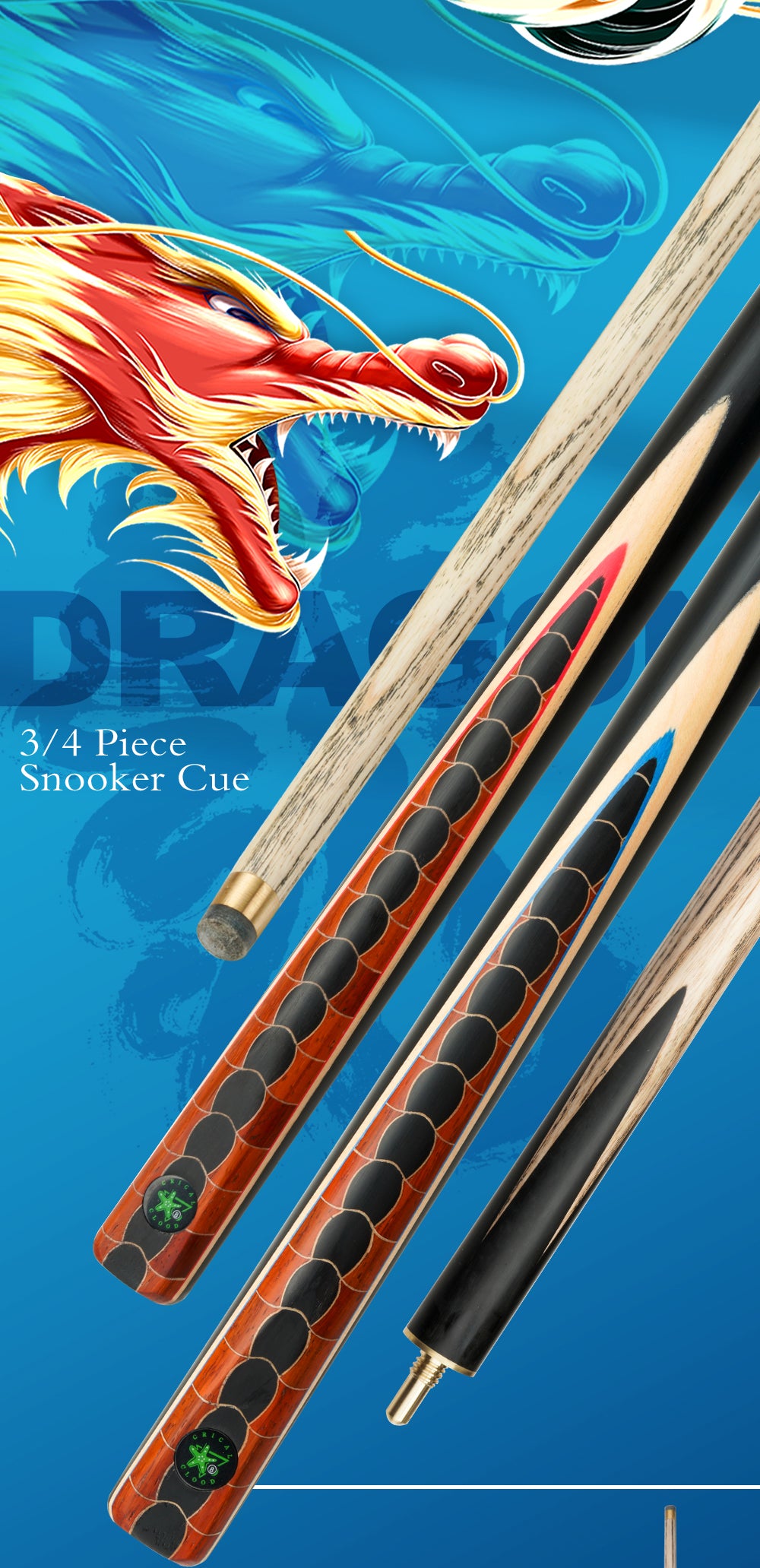 【CRICAL】 3/4 Split Snooker Cues with 10-10.2mm Tip and Extension Cases for Professional Snooker Cue Stick(Dragon-red)
