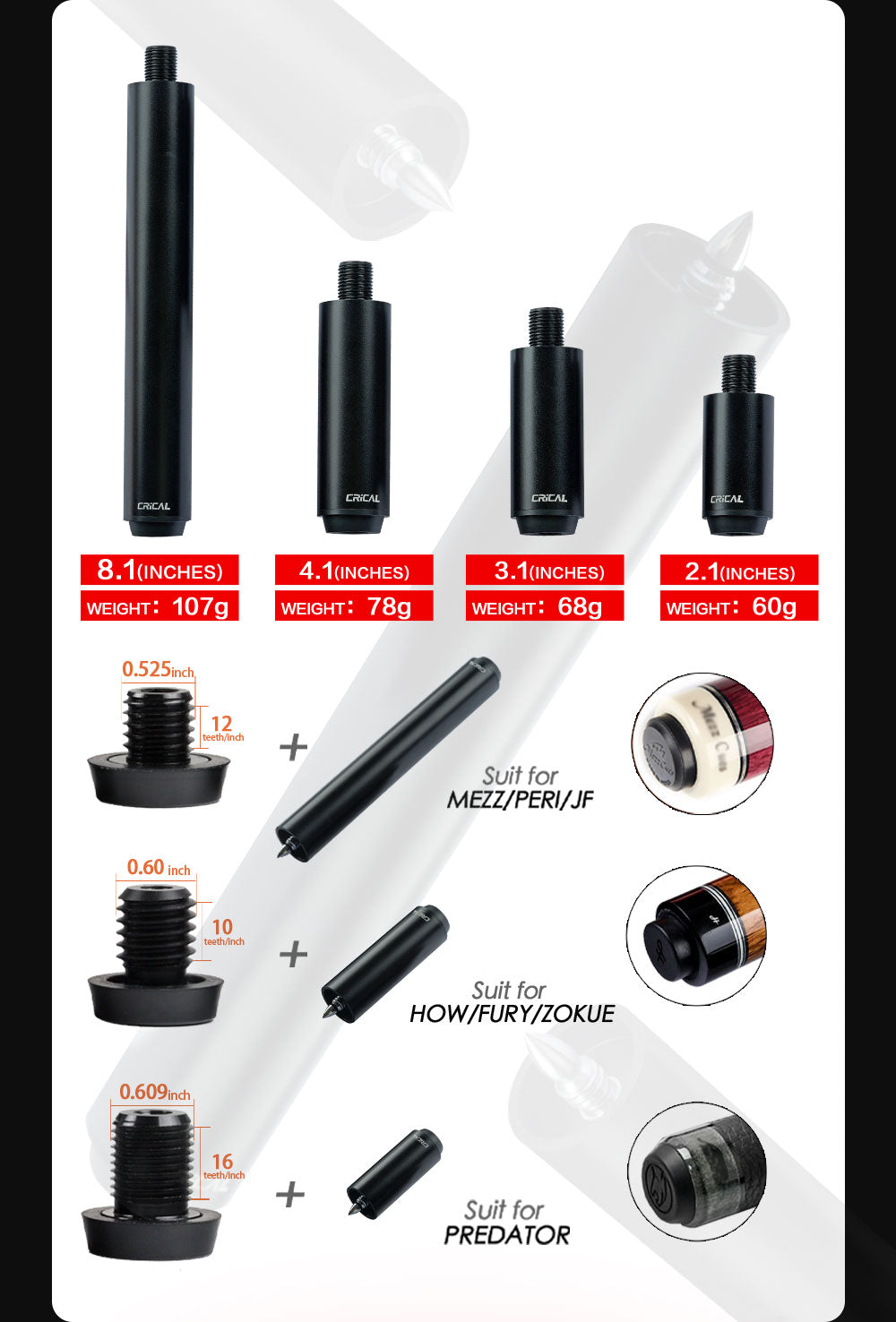 【CRICAL】Billiard Pool Cue Extension with High Quality Metal Extender for Crical PREDATOR MEZZ How Fury Billiard Accessories