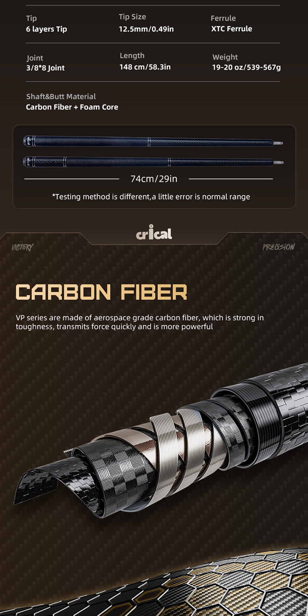 【CRICAL】VP-1 Carbon Fiber Pool Cue Stick - 58" Low Deflection Professional Pool Cue with Pro Taper Shaft,12.5mm Tip & 3/8x8 Joint Billiard Stick for Enhanced Control & Accuracy