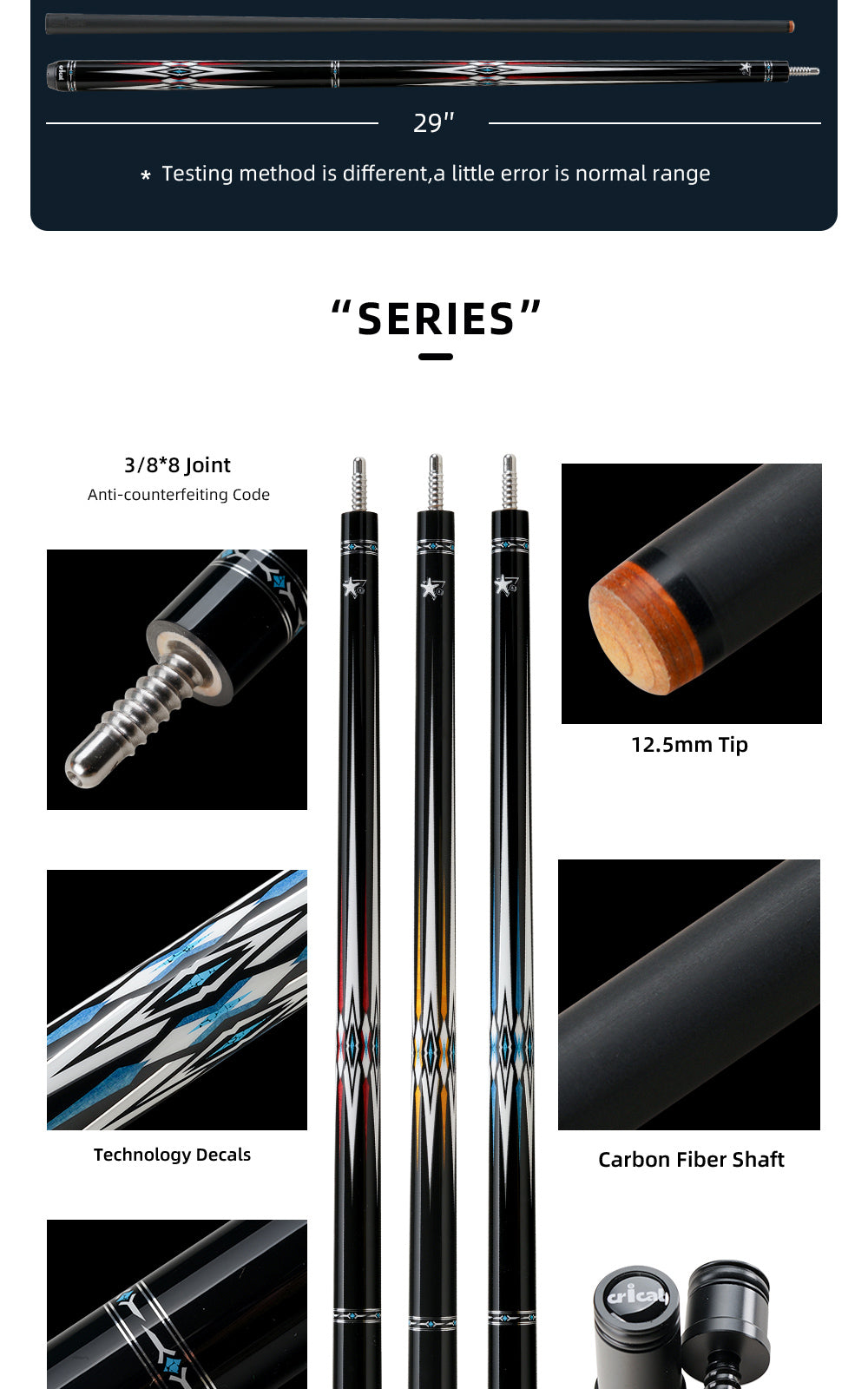 【CRICAL】CXD-1RF Carbon Fiber Pool Cue Stick with 12.5mm Tip Low Deflection shaft for Billiard Cue Sticks