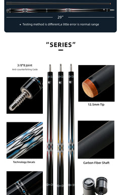 【CXD-1BF】 Carbon Fiber Pool Cue Stick with 12.5mm Tip Low Deflection shaft for Billiard Cue Sticks