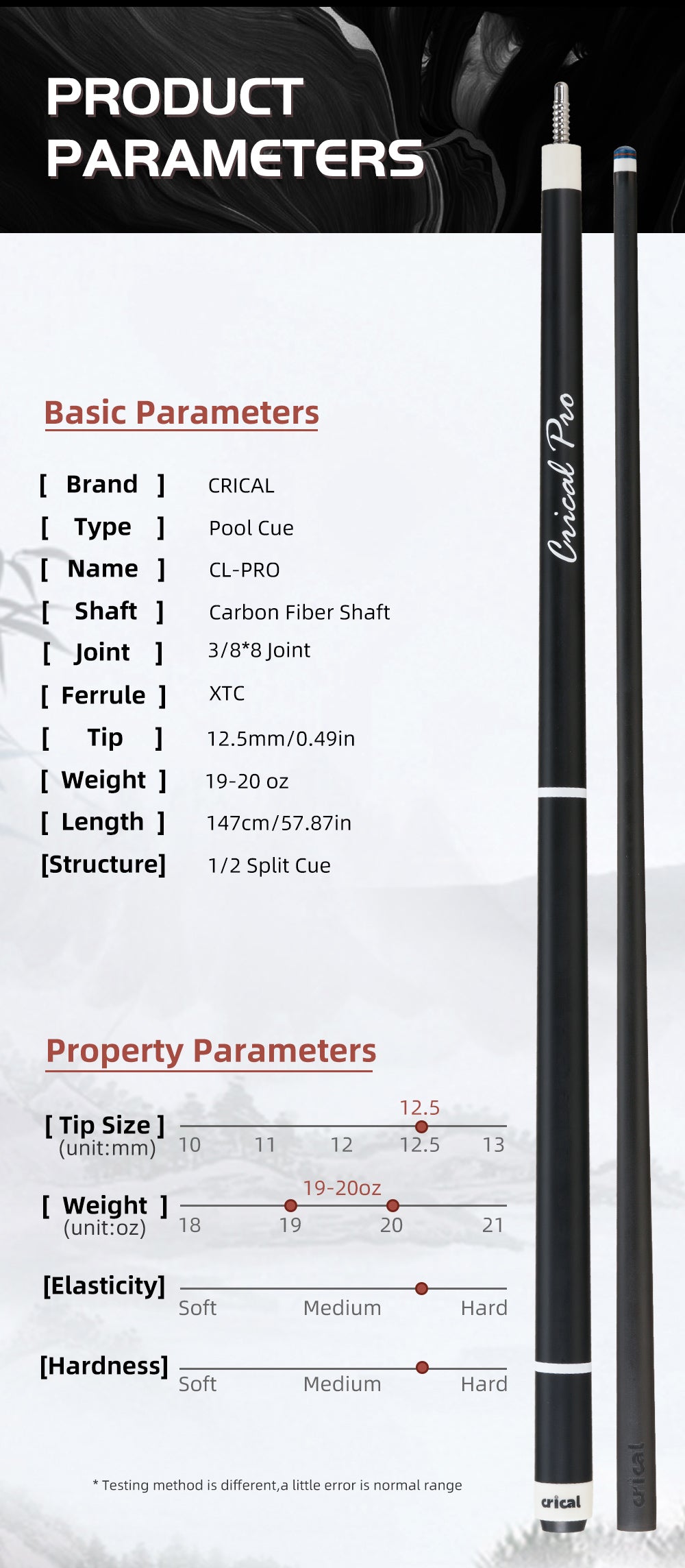 【Crical】PRO-1 Carbon Fiber Pool Cue Stick with 12.5mm Tip Low Deflection shaft for Billiard Cue Sticks
