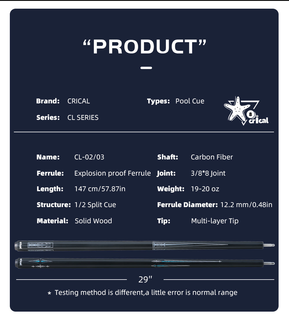 【CRICAL】CL-02 Carbon Fiber Pool Cue Stick with 12.5mm Tip Low Deflection shaft for Billiard Cue Sticks