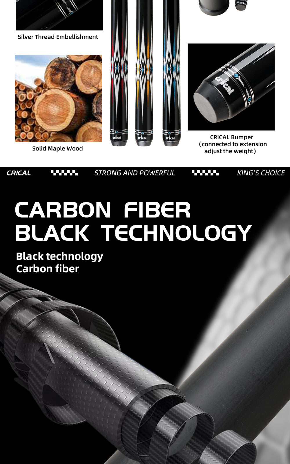 【CRICAL】CXD-1RF Carbon Fiber Pool Cue Stick with 12.5mm Tip Low Deflection shaft for Billiard Cue Sticks