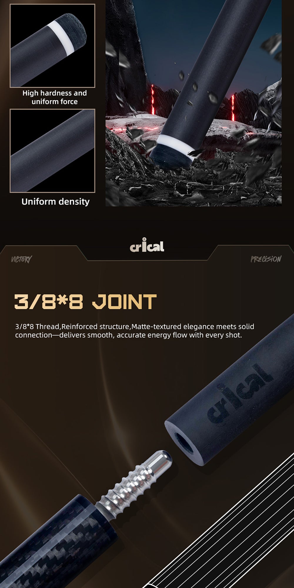 【CRICAL】VP-1 Carbon Fiber Pool Cue Stick - 58" Low Deflection Professional Pool Cue with Pro Taper Shaft,12.5mm Tip & 3/8x8 Joint Billiard Stick for Enhanced Control & Accuracy