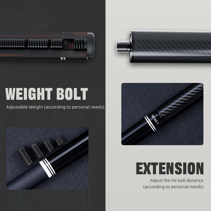 【CRICAL】 WR Series Low Deflection Carbon Fiber Pool Cue Stick – 58" 1/2 Split Billiard Cue with 12.5mm 6-Layer Tip,  Ebony/Pterocarpus Soyauxii Material, Pro Taper Carbon Fiber Shaft, 3/8x8 Stainless Steel Joint，Genuine Leather Grip for Professional Play