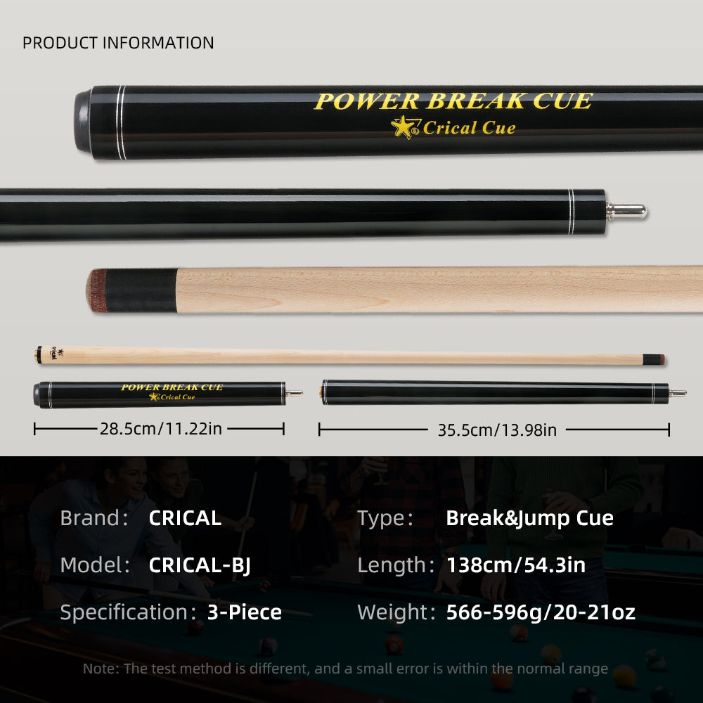 【Crical】Break Jump Cue with 3 Piece  Heavy Hitter Jump Break Cue 13.2mm Tip Punch Cue Professional Jump Cue (Black)