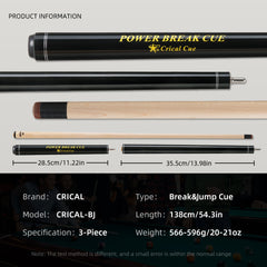 【CL-BJ】Break Jump Cue with 3 Piece  Heavy Hitter Jump Break Cue 13.2mm Tip Punch Cue Professional Jump Cue (Black)