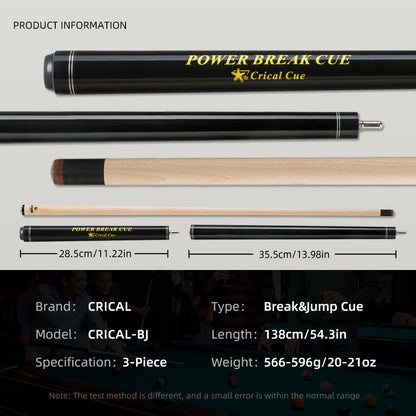 【Crical】Break Jump Cue with 3 Piece  Heavy Hitter Jump Break Cue 13.2mm Tip Punch Cue Professional Jump Cue (Black)