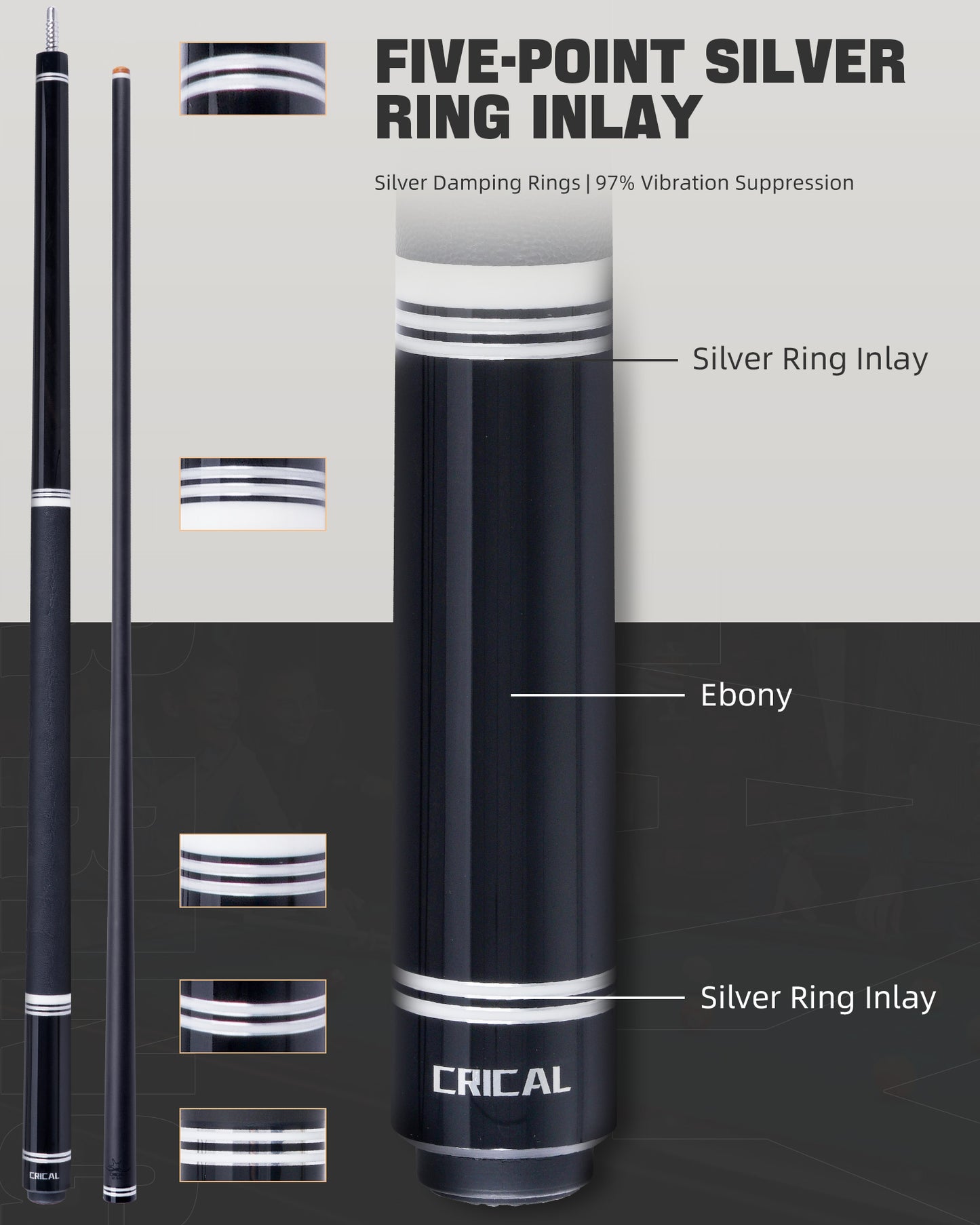 【CRICAL】 WR Series Low Deflection Carbon Fiber Pool Cue Stick – 58" 1/2 Split Billiard Cue with 12.5mm 6-Layer Tip,  Ebony/Pterocarpus Soyauxii Material, Pro Taper Carbon Fiber Shaft, 3/8x8 Stainless Steel Joint，Genuine Leather Grip for Professional Play