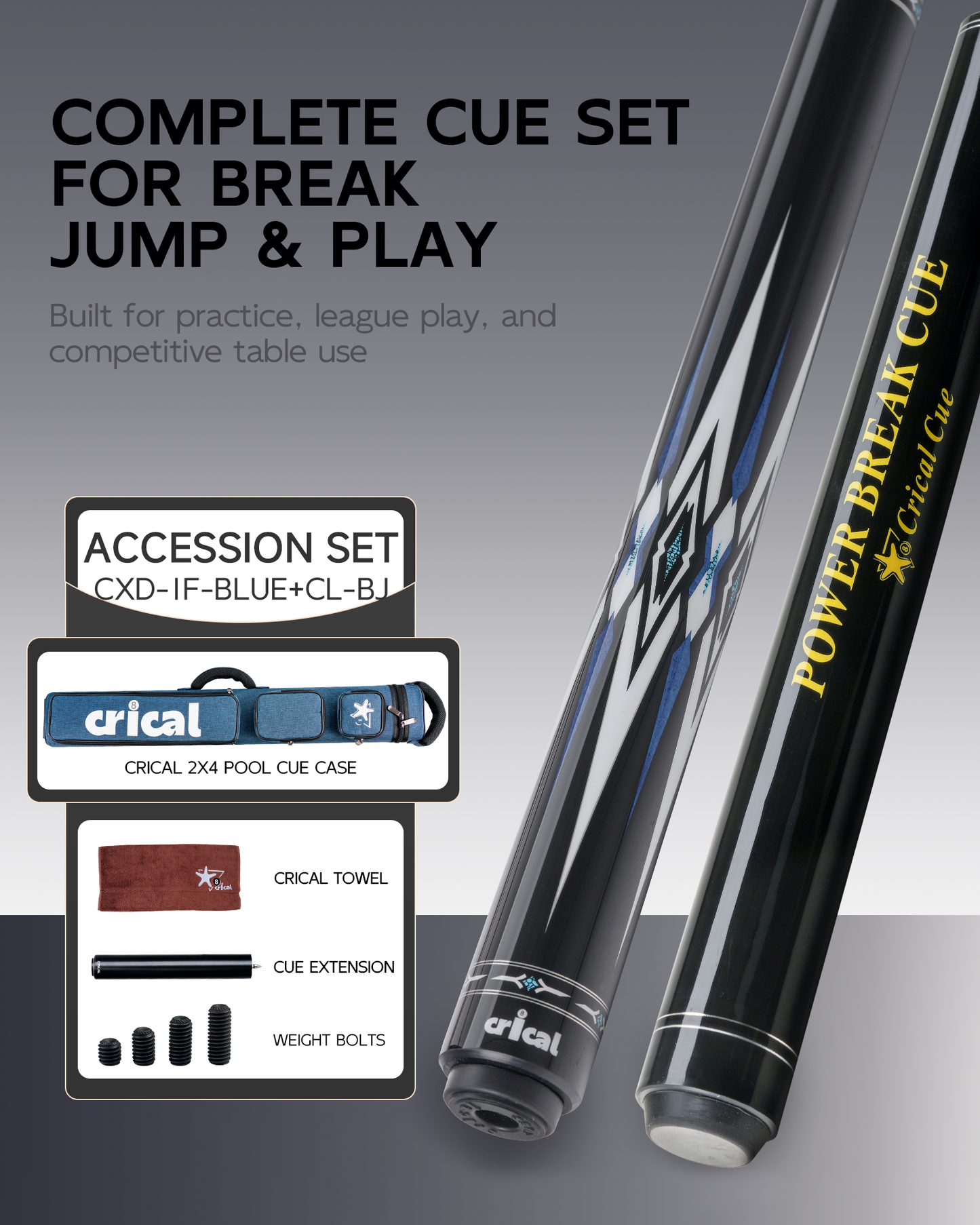 【CXD-1F】CRICAL Pro Taper Carbon Fiber Pool Cue Set with Maple Jump Break Cue