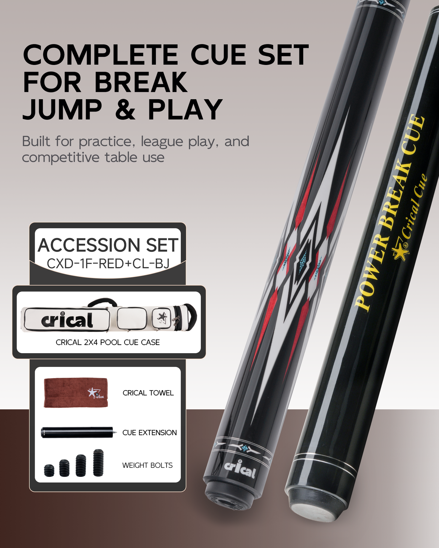 【CXD-1F】CRICAL Pro Taper Carbon Fiber Pool Cue Set with Maple Jump Break Cue
