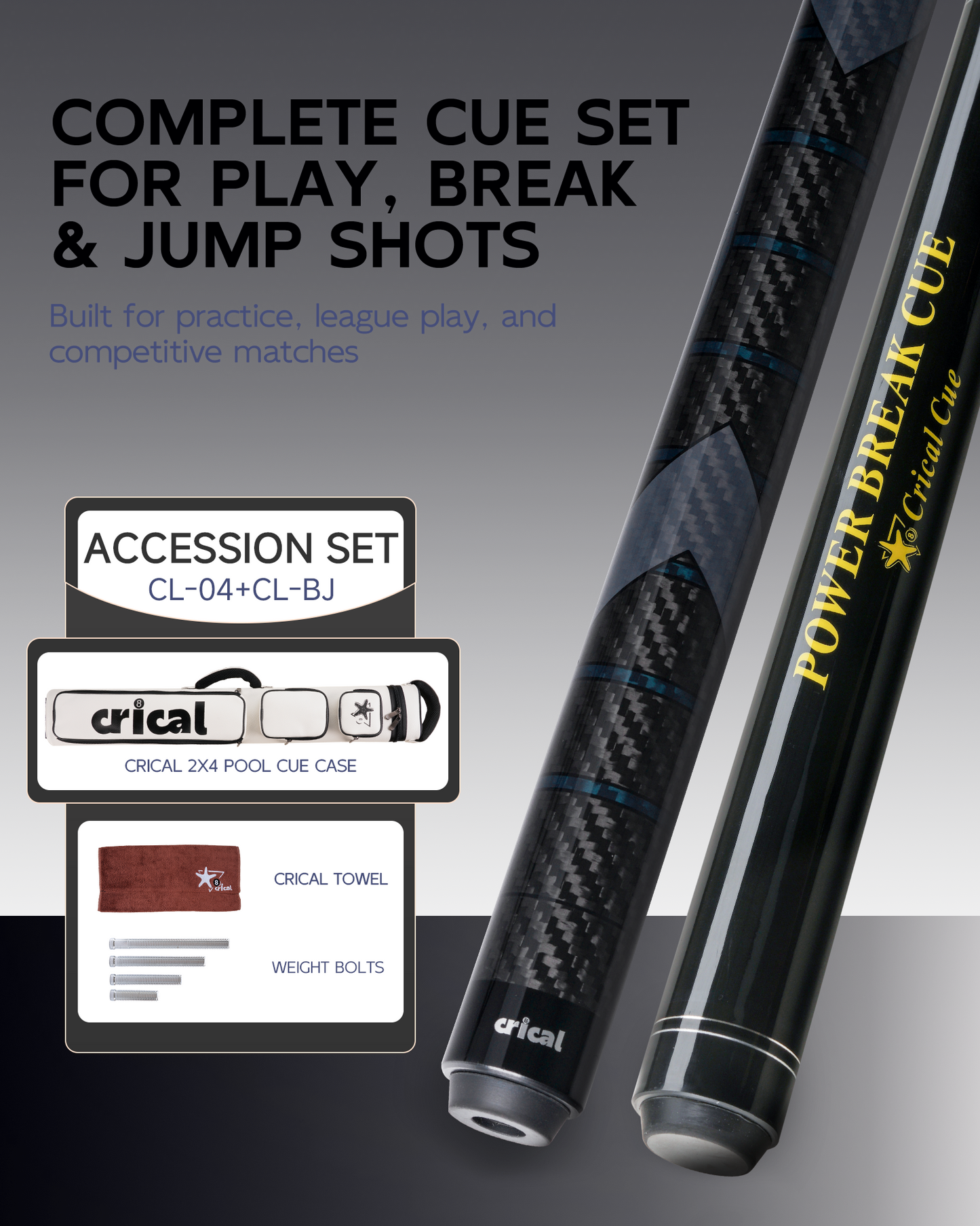【CL-01/03/04】CRICAL Carbon Fiber Pool Cue Set with Maple Jump Break Cue