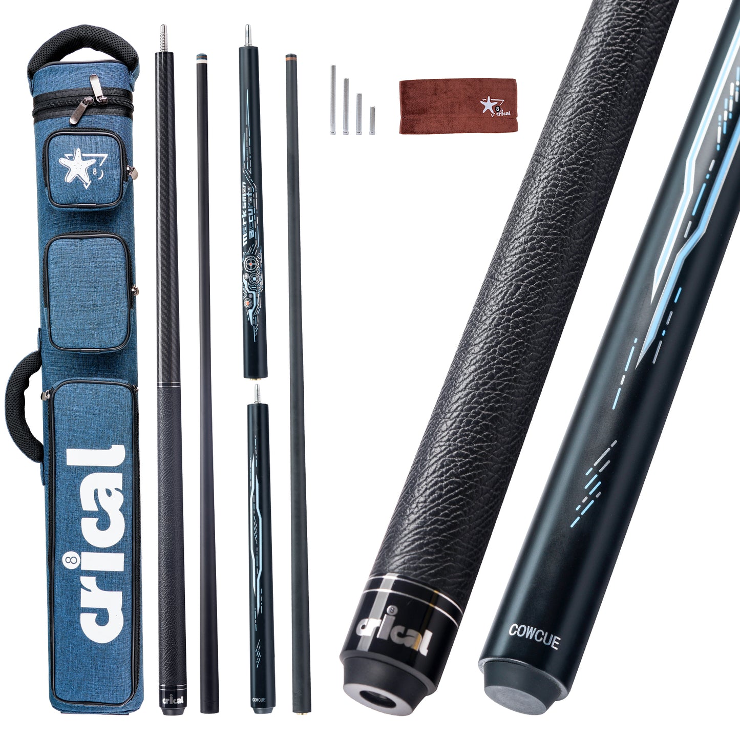 【VP PRO Taper】CRICAL Carbon Fiber Pool Cue Stick, Low Deflection Billiard Cue with Pro Taper Shaft, 58 Inch Cue with Cowhide Grip, 12.5mm Tip, 3/8x8 Joint, Adjustable Weight