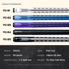 【CL-PD-(1-5】 Carbon Fiber Pool Cue Stick - 58" Low Deflection Pool Cue with Pro Taper Shaft, 3D Wrapless Grip, 12.5mm Tip & 3/8x8 Joint Billiard Stick