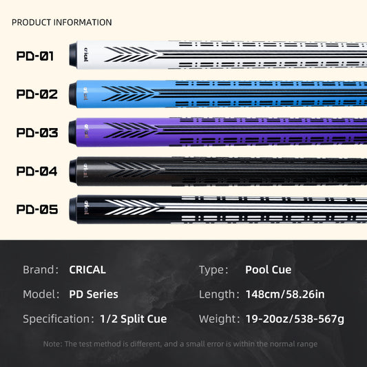 【CRICAL】CL-PD-SET Carbon Fiber Pool Cue Stick - 58" Low Deflection Professional Pool Cue with Pro Taper Shaft, 3D Wrapless Grip, 12.5mm Tip & 3/8x8 Joint Billiard Stick