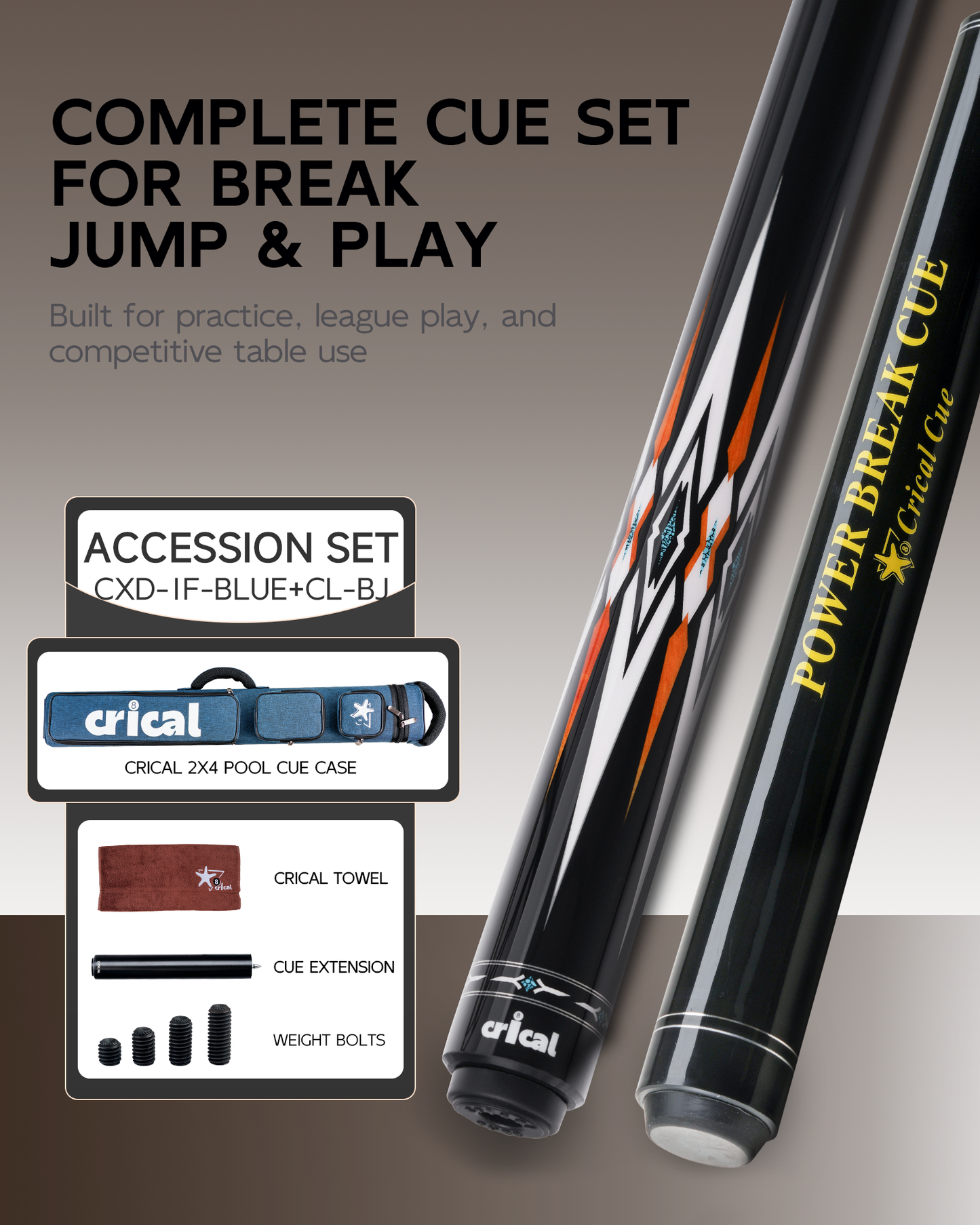 【CXD-1F】CRICAL Pro Taper Carbon Fiber Pool Cue Set with Maple Jump Break Cue