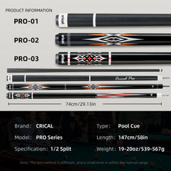 【Crical】PRO-1 碳纤维台球杆，带 12.5 毫米尖头低偏转杆身，适用于台球杆