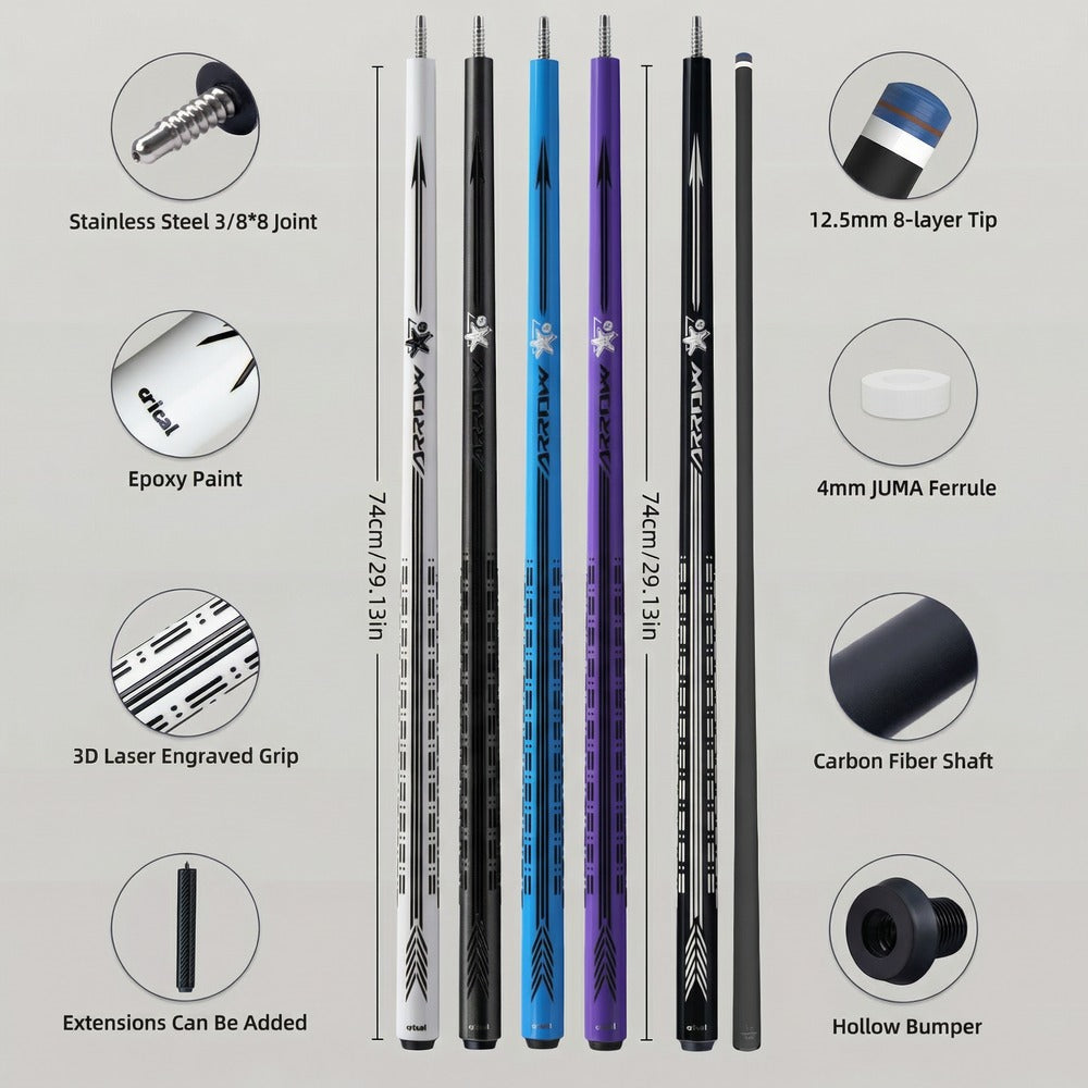 【CRICAL】CL-PD-SET Carbon Fiber Pool Cue Stick - 58" Low Deflection Professional Pool Cue with Pro Taper Shaft, 3D Wrapless Grip, 12.5mm Tip & 3/8x8 Joint Billiard Stick