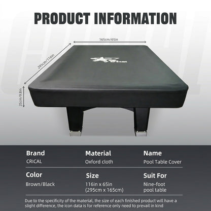 CRICAL 9-Foot Pool Table Cover – Premium Oxford Fabric Billiard Table Cover for Protection Against Dust, Dirt, and Sun – Tear-Resistant, Easy to Clean, and Compact Storage for Pool Table