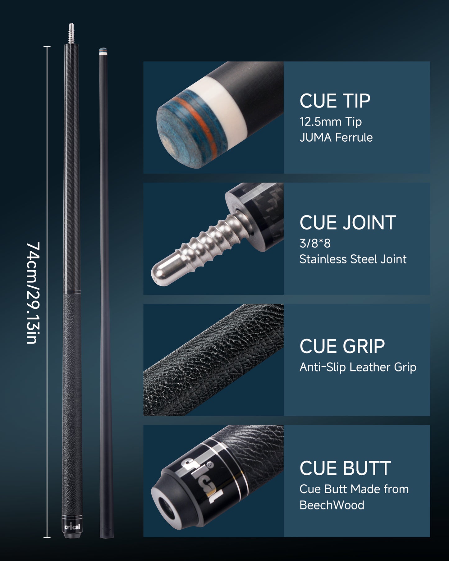 【VP PRO Taper】CRICAL Carbon Fiber Pool Cue Stick, Low Deflection Billiard Cue with Pro Taper Shaft, 58 Inch Cue with Cowhide Grip, 12.5mm Tip, 3/8x8 Joint, Adjustable Weight