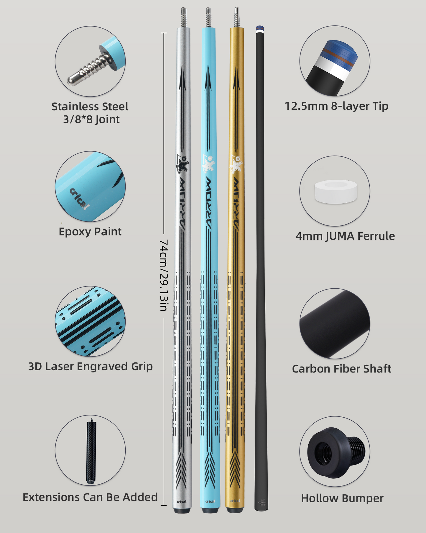 【CRICAL】CL-PD Carbon Fiber Pool Cue Stick - 58" Low Deflection Professional Pool Cue with Pro Taper Shaft, 3D Wrapless Grip, 12.5mm Tip & 3/8x8 Joint Billiard Stick