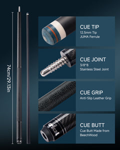 【VP PRO Taper】CRICAL Carbon Fiber Pool Cue Stick, Low Deflection Billiard Cue with Pro Taper Shaft, 58 Inch Cue with Cowhide Grip, 12.5mm Tip, 3/8x8 Joint, Adjustable Weight