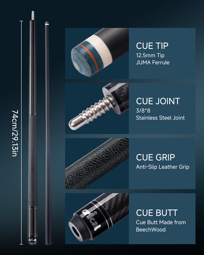 【VP PRO Taper】CRICAL Carbon Fiber Pool Cue Stick, Low Deflection Billiard Cue with Pro Taper Shaft, 58 Inch Cue with Cowhide Grip, 12.5mm Tip, 3/8x8 Joint, Adjustable Weight