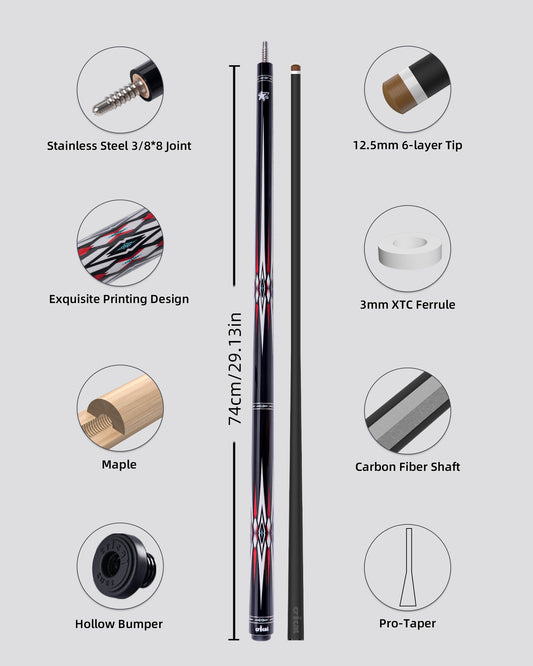 【CRICAL】CXD-1RF Carbon Fiber Pool Cue Stick with 12.5mm Tip Low Deflection shaft for Billiard Cue Sticks