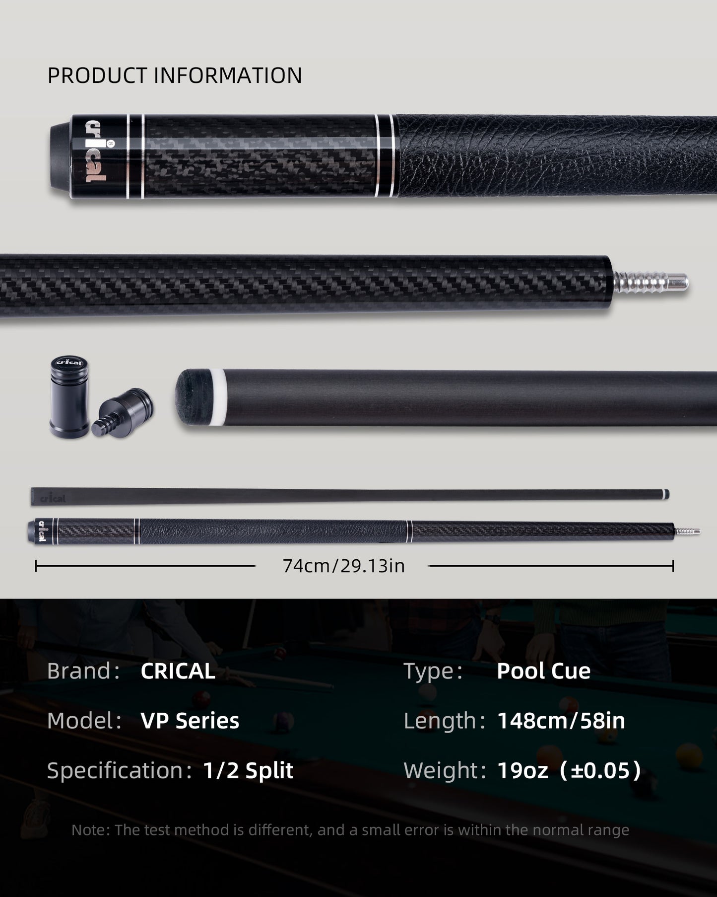 【CRICAL】VP-1 VP-2 Carbon Fiber Pool Cue Stick - 58" Professional Pool Cue with 12.5mm Tip & 3/8x8 Joint Billiard Stick