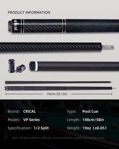 【CRICAL】VP-1 VP-2 Carbon Fiber Pool Cue Stick - 58" Professional Pool Cue with 12.5mm Tip & 3/8x8 Joint Billiard Stick