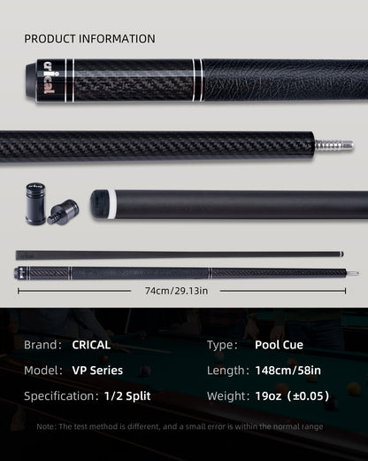 【CRICAL】VP-1 VP-2 Carbon Fiber Pool Cue Stick - 58" Professional Pool Cue with 12.5mm Tip & 3/8x8 Joint Billiard Stick