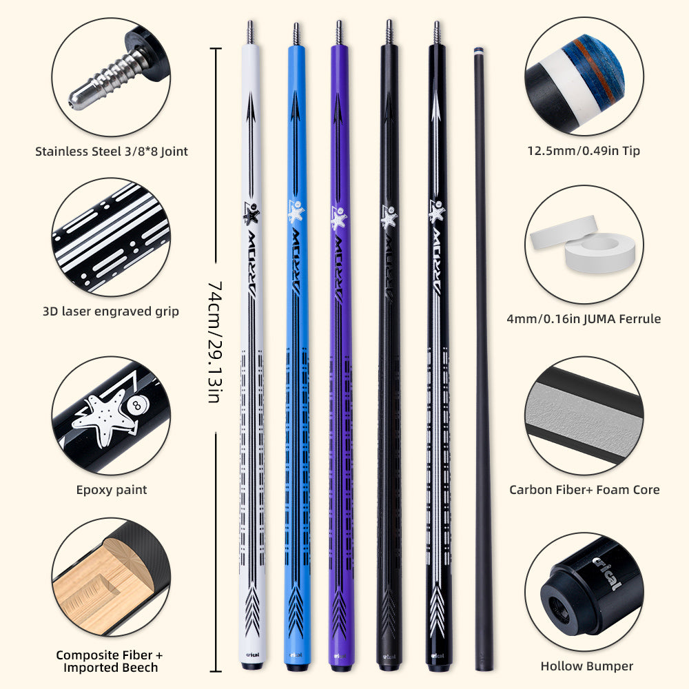 【CRICAL】CL-PD-04 Carbon Fiber Pool Cue Stick - 58" Low Deflection Professional Pool Cue with Pro Taper Shaft, 3D Wrapless Grip, 12.5mm Tip & 3/8x8 Joint Billiard Stick