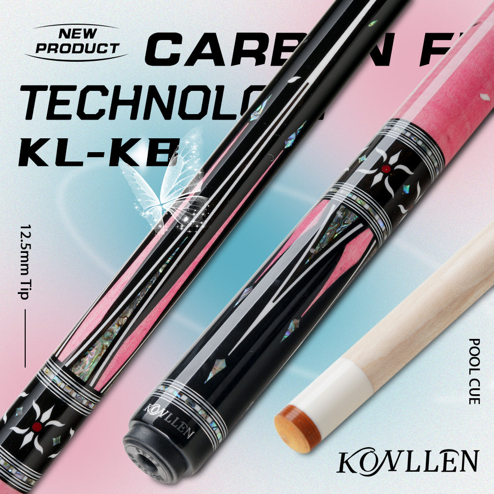 KONLLEN Butterfly Love Cues, KL-KB, 12.5mm Hardrock Maple Shaft Contains Carbon Tube Stick, Handmade Inlay Production Billiard