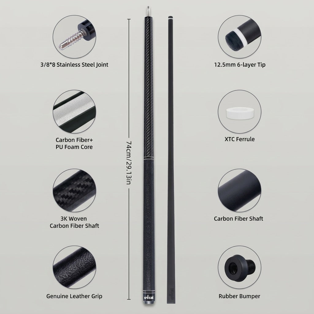 【CRICAL】VP-1 VP-2 Carbon Fiber Pool Cue Stick - 58" Professional Pool Cue with 12.5mm Tip & 3/8x8 Joint Billiard Stick