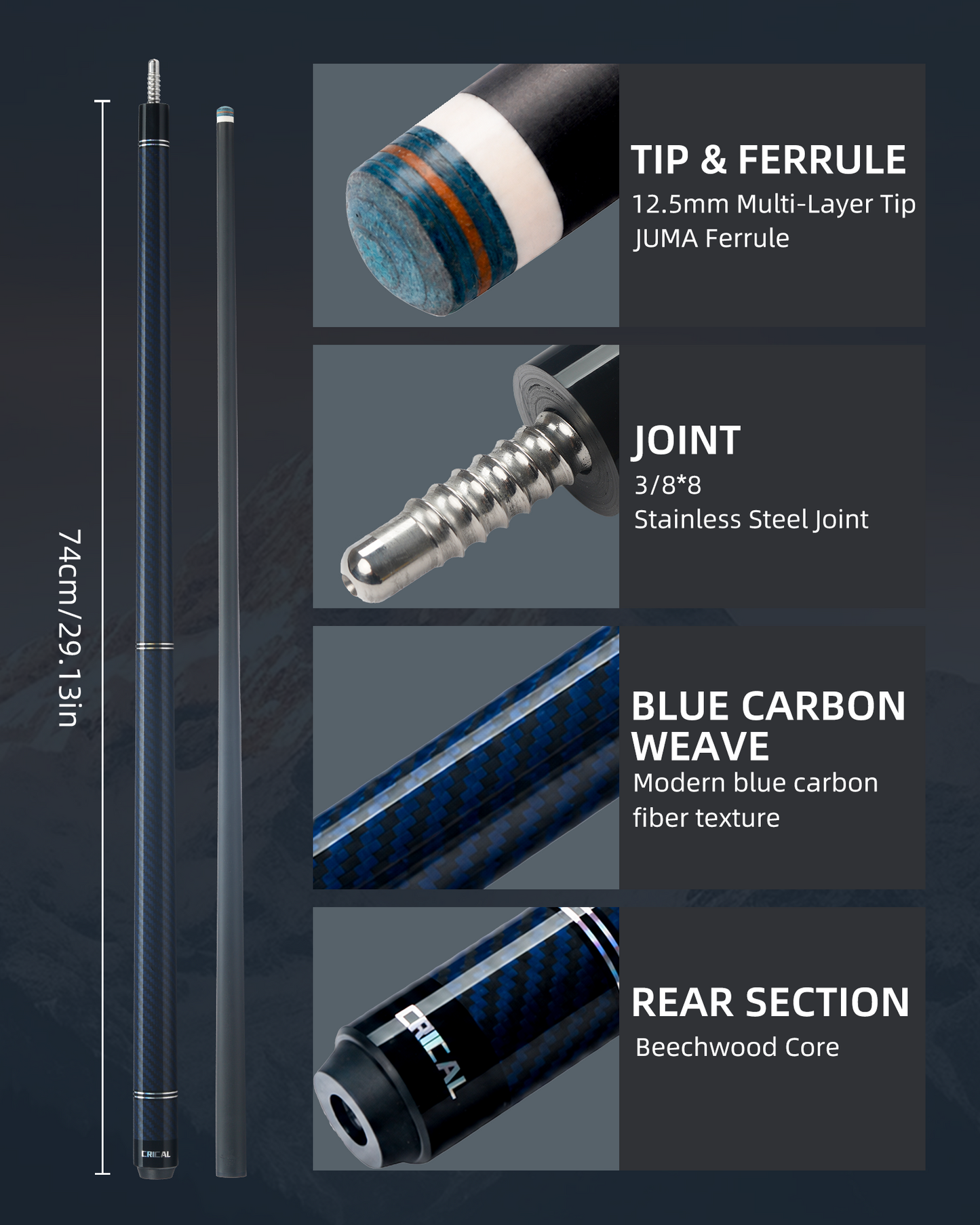 【CL pro 4 G】CRICAL CL-PRO-4 58-Inch Carbon Fiber Pool Cue