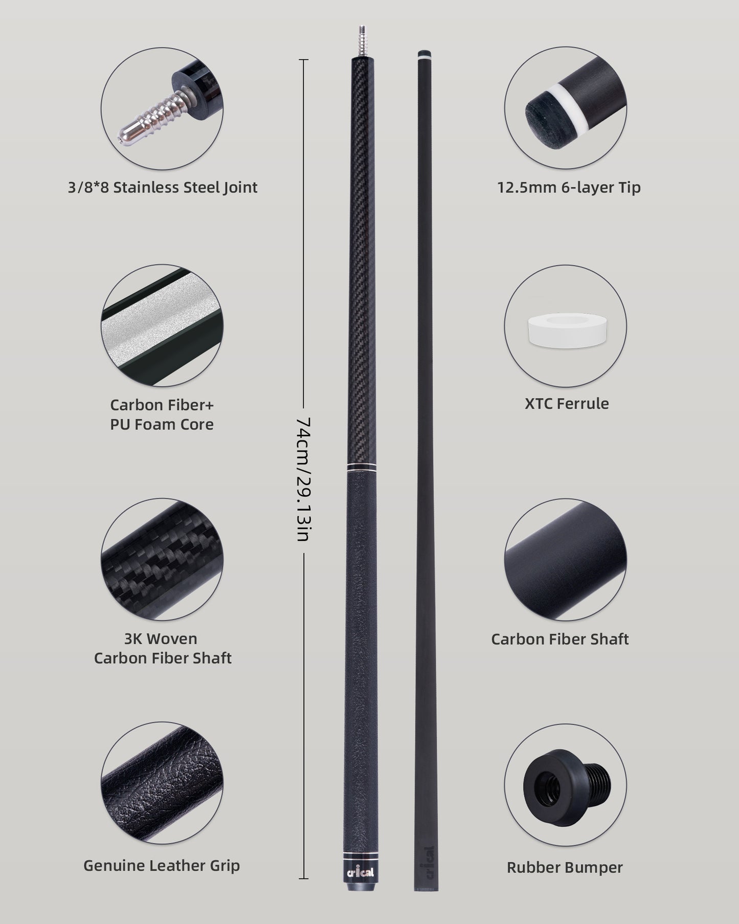 【CRICAL】VP-1 VP-2 Carbon Fiber Pool Cue Stick - 58" Professional Pool Cue with 12.5mm Tip & 3/8x8 Joint Billiard Stick