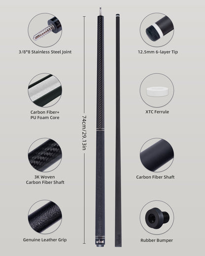 【CRICAL】VP-1 VP-2 Carbon Fiber Pool Cue Stick - 58" Professional Pool Cue with 12.5mm Tip & 3/8x8 Joint Billiard Stick