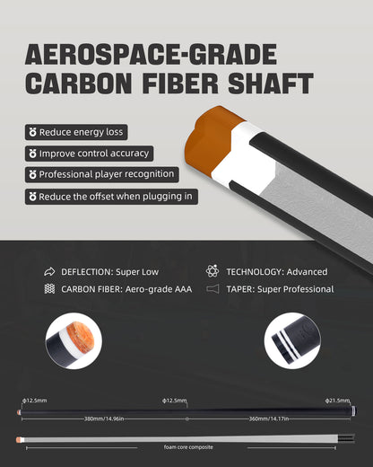 【CRICAL】 WR Series Low Deflection Carbon Fiber Pool Cue Stick – 58" 1/2 Split Billiard Cue with 12.5mm 6-Layer Tip,  Ebony/Pterocarpus Soyauxii Material, Pro Taper Carbon Fiber Shaft, 3/8x8 Stainless Steel Joint，Genuine Leather Grip for Professional Play